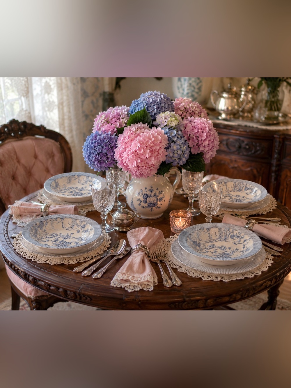 Stafford Blue & Pink Hydrangea Ceramic Centerpiece Set